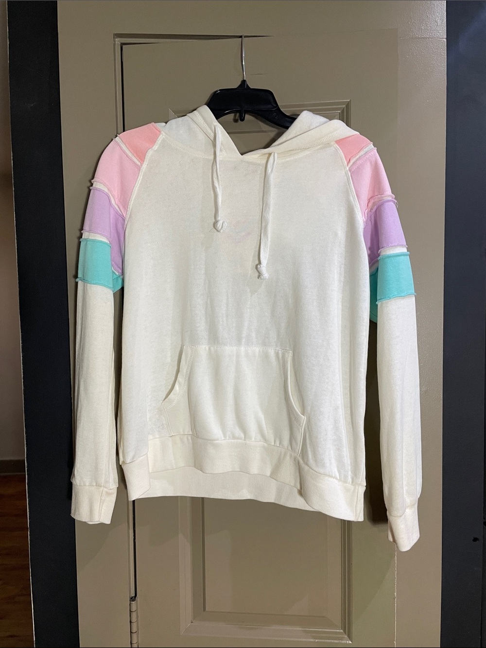 Pink Rose Cream Hoodie with Pastel Pink, Lavender & Mint Sleeve Panels
